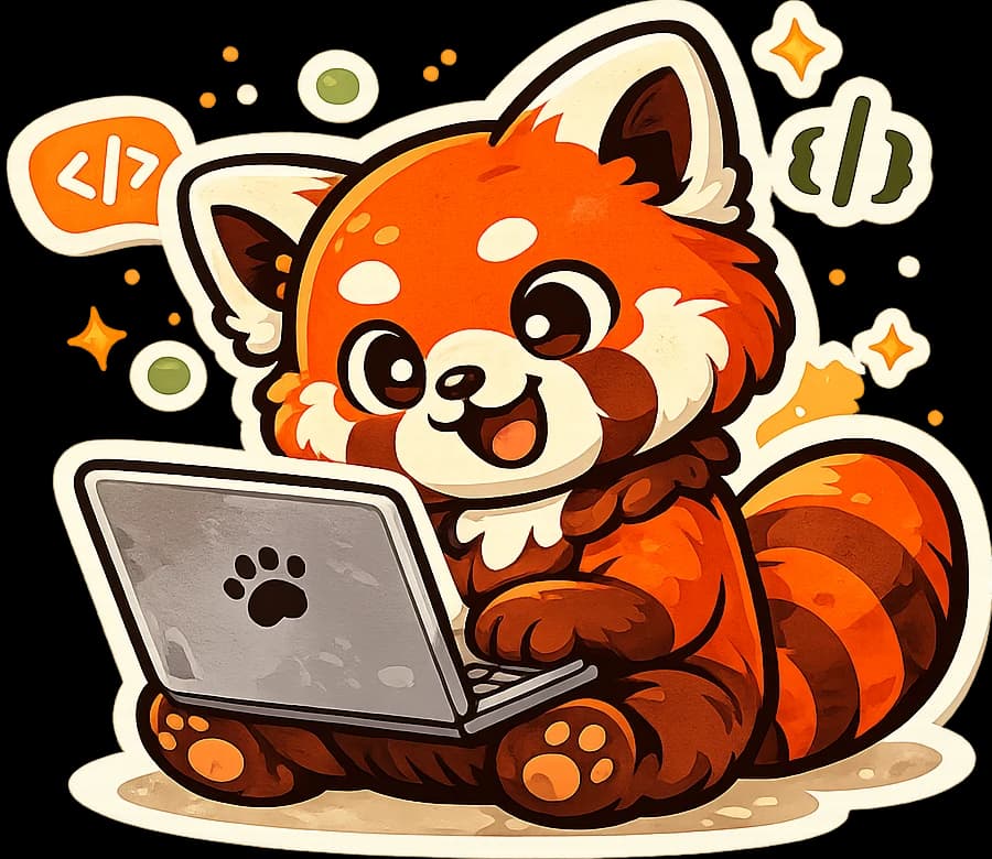 Cartoon red panda coding on a laptop